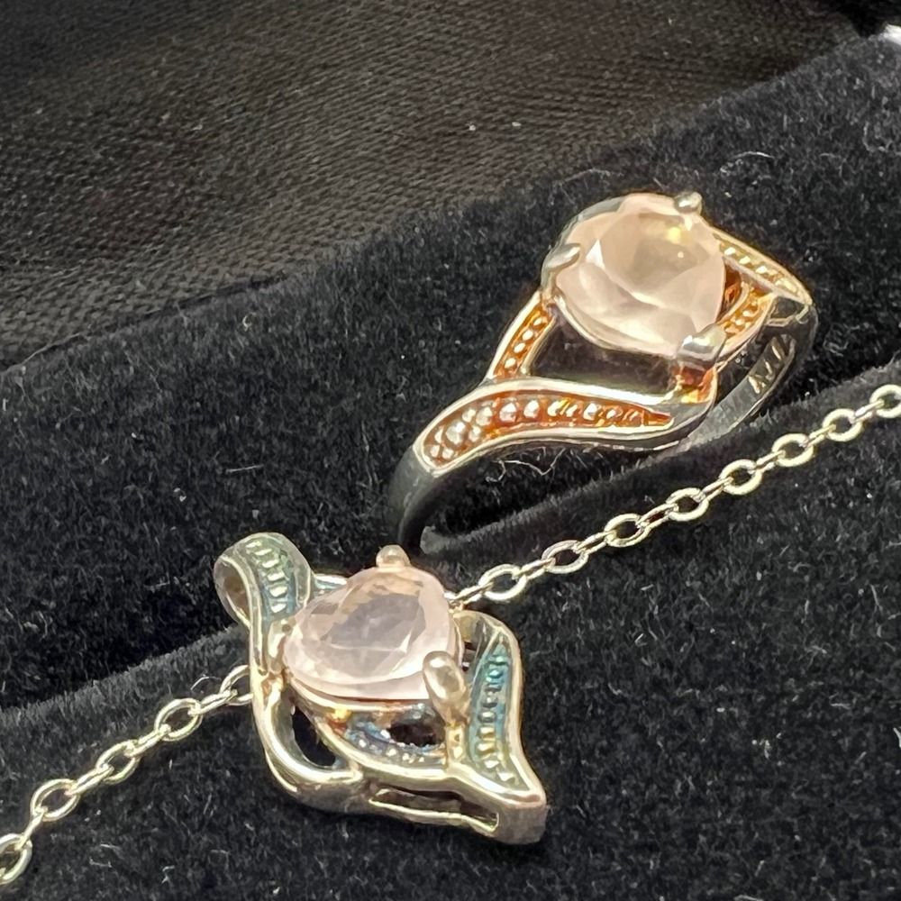 RJ Sterling Silver 925 Heart Blue Stone Ring Size 6 and Necklace Jewelry Set - Picture 10 of 16